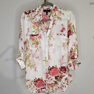 BCX Floral Button Down Shirt - White and Red